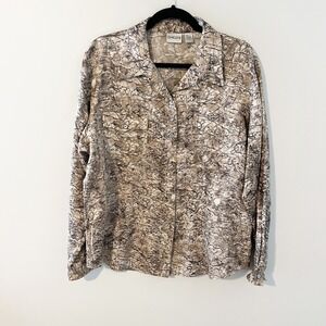 Chicos Silk Blend Snakeskin Print Button Down Shirt Brown Tan Size 3 XL